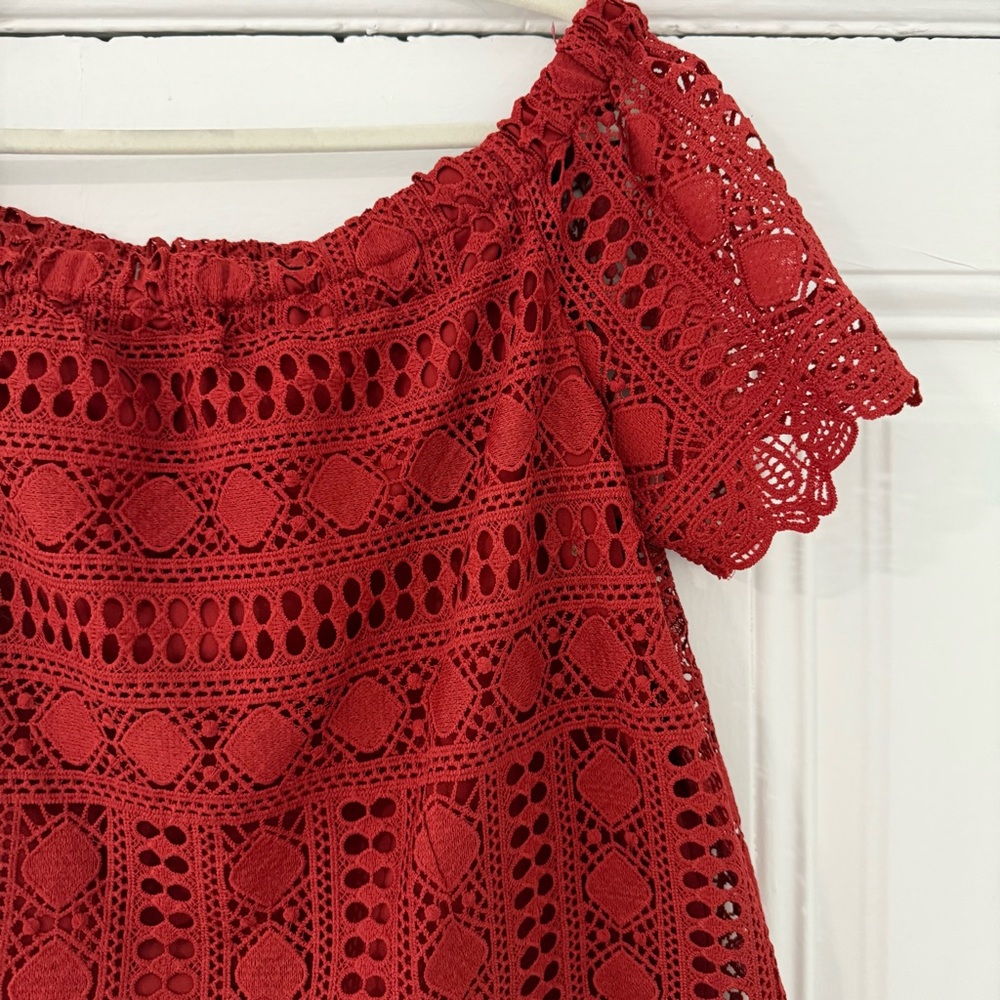 Anthropologie Sunday in Brooklyn Brick Red Lace Off-Shoulder Blouse - Picture 4 of 10